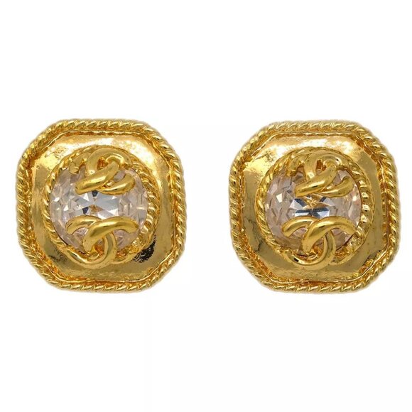 Chanel CC Square Earrings Clip-On Rhinestone Gold